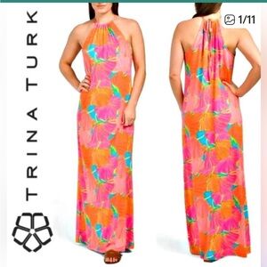 Trina Turk NWT Halter Maxi Dress Bright Floral Pink Orange M